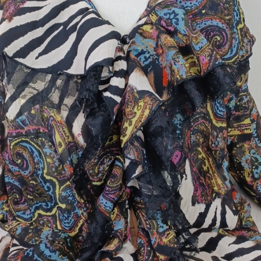 LE CAVIAR Zebra Floral-Graphic Lace Ribbon Ruffle Bell Sleeve  Edgy Blouse SZ L - Picture 2 of 15